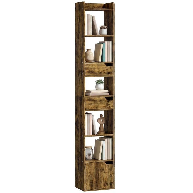 HOMCOM Bookcase Tall Narrow with 5 Tiers and Drawers Freestanding Bookshelf Storage Cabinet for Living Room Rustic Brown