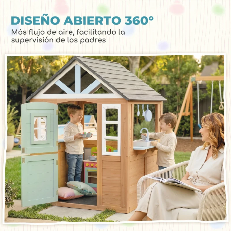 AIYAPLAY Casita Infantil Exterior e Interior de Madera con Puerta para Mascotas Cocina de Juguete Media Puerta Madera Natural