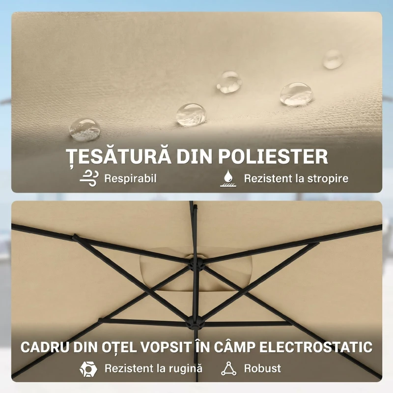 Outsunny Umbrelă de grădină suspendată cu bază în cruce și deschidere cu manivelă, 294x193cm, bej