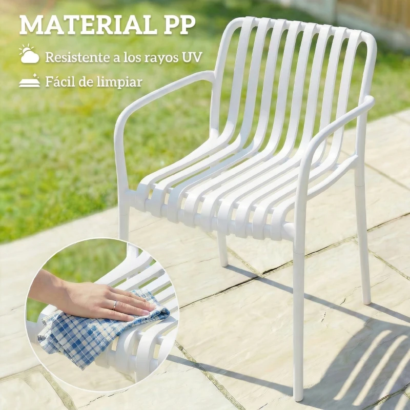 Outsunny Juego de 4 Sillas de Jardín Exterior Apilables de PP con Respaldo Curvado Asiento de Listones 55x58,5x81,5 cm Blanco
