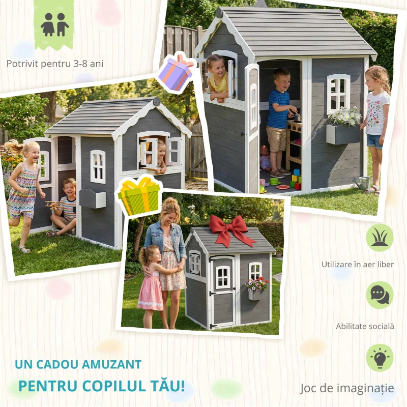 Outsunny Casă de joacă din lemn pentru copii, cu uși și ferestre(m-5)