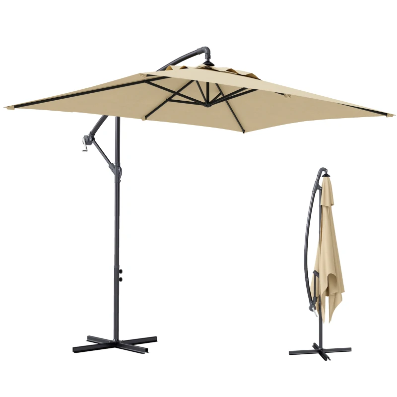 Outsunny Ombrellone da Giardino Decentrato con Base a Croce e Apertura a Manovella, 294x193cm, Beige