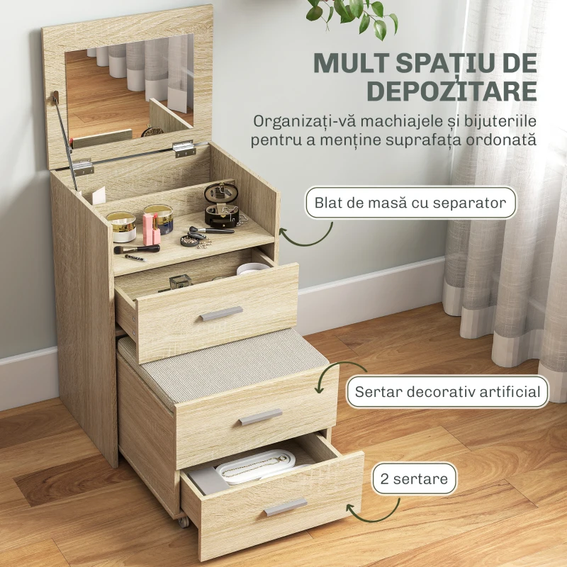 HOMCOM Masă de Toaletă cu Oglindă Rabatabilă, Natural
