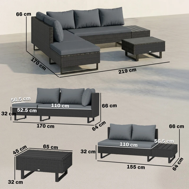 Outsunny 5 Seater Rattan Garden Furniture Set, L Shaped Garden Corner Sofa, Adjustable Back, Faux Wood Table, Dark Grey