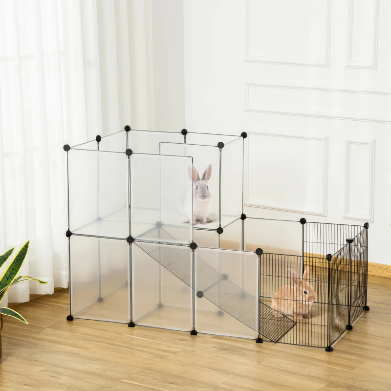 PawHut Enclos lapin interieur, 2 niveaux, parc modulable pour petits animaux, 27pcs, 140 x 70 x 90 cm, noir