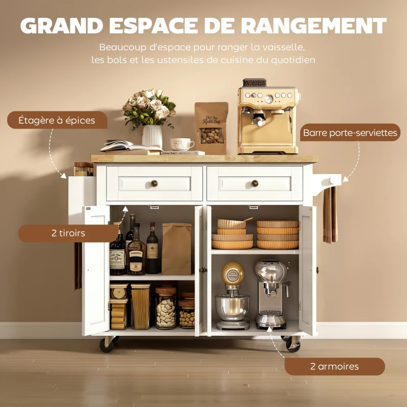 HOMCOM Desserte ilôt de cuisine multi rangements 2 tiroirs 2 placard 2 portes avec étagère range-bouteille porte-torchons et étagère réglable MDF blanc hévéa