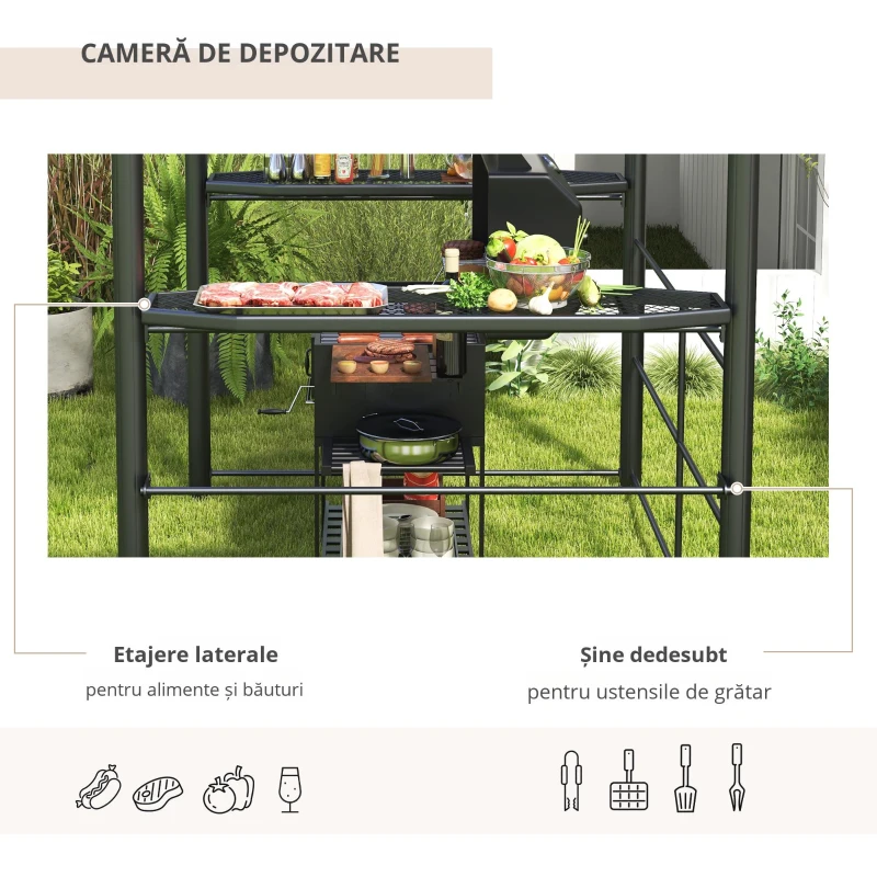 Outsunny Foișor Grătar cu Acoperiș din Policarbonat și 2 Rafturi de Depozitare, Foișor de Grădină Metalic și PC, 240x150x230 cm, Gri Închis