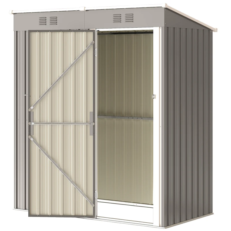 Outsunny 5 x 3 ft Lean-to Garden Shed, Outdoor Storage Shed with Lockable Door and Vents, Light Grey