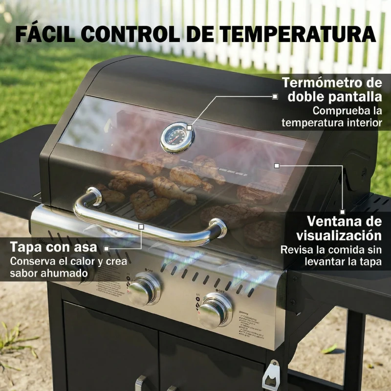 Outsunny Barbacoa de Gas con 3 Quemadores 7,5 kW Termómetro Parrilla Plancha Mesas Laterales Armario Ruedas 125x57x110 cm Negro