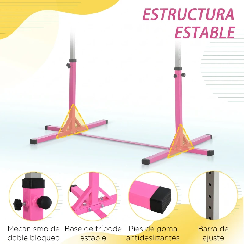 HOMCOM Barra de Gimnasia para Niños de +3 Años Barra de Entrenamiento Altura Ajustable 92-150 cm Carga 75 kg 194x121x150cm Rosa