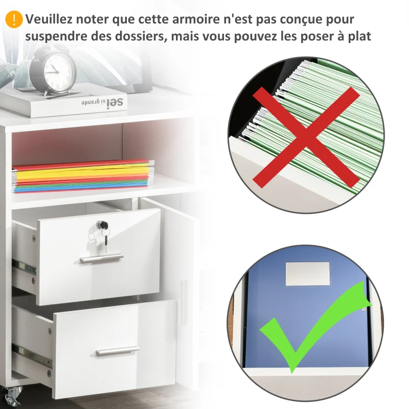 HOMCOM Support d'imprimante à 2 tiroirs meuble de rangement sur roulettes étagères ouvertes et placard, 100 x 35 x 65 cm, blanc