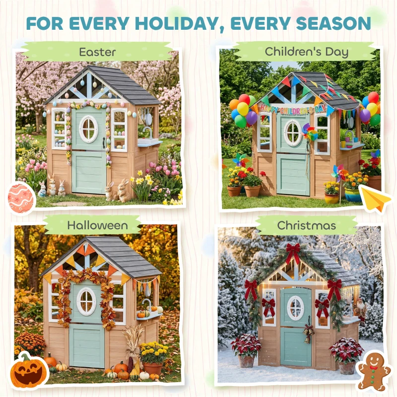 AIYAPLAY Wooden Playhouse for Kids, Wendy House with Pet Door, Play Kitchen, Half Door and Windows for Indoor Outdoor, Ages 2+