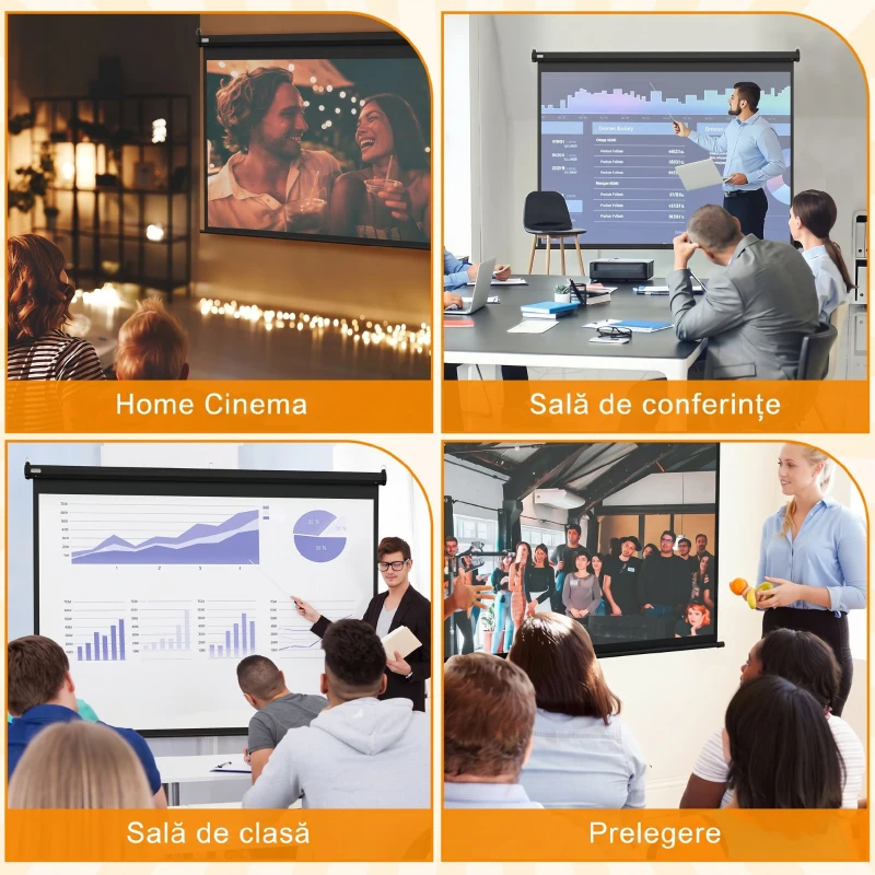 HOMCOM Ecran pentru Proiector 89" Format 4:3 Reglabil cu Telecomandă, 171x130cm, Negru