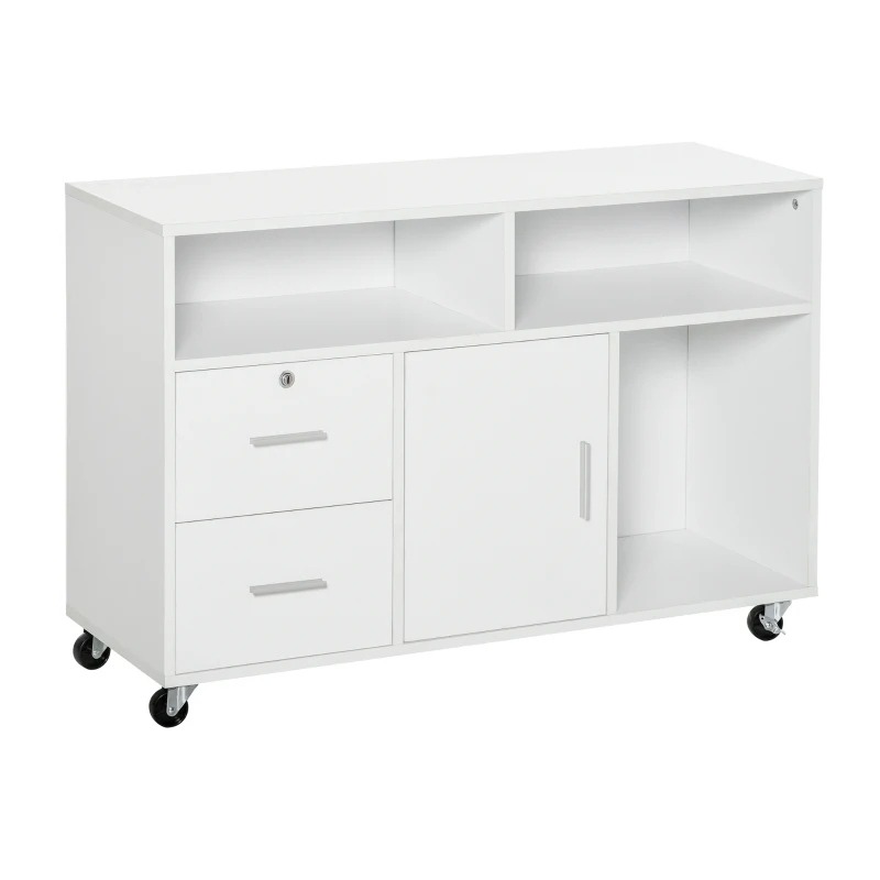 HOMCOM Support d'imprimante à 2 tiroirs meuble de rangement sur roulettes étagères ouvertes et placard, 100 x 35 x 65 cm, blanc