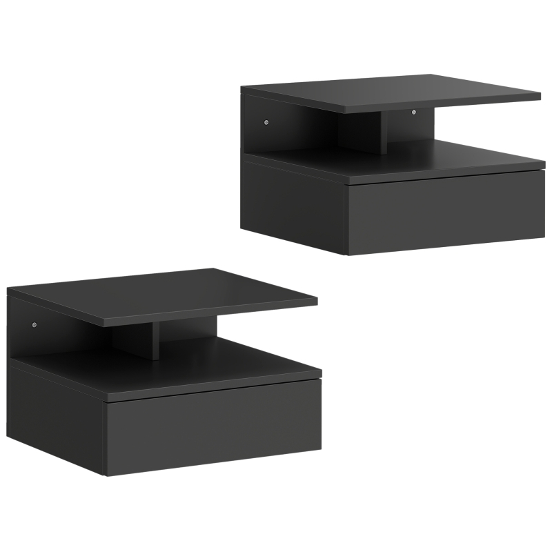 HOMCOM Juego de 2 Mesitas de Noche Flotantes, Mesillas de Noche Dormitorio con Cajón, Estante Abierto, Ahorra Espacio, Diseño Moderno, para Sala de Estar, 35x32x22,5 cm, Negro