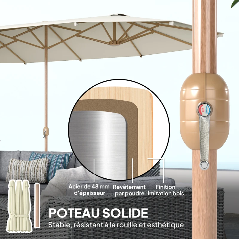 Outsunny Parasol de jardin double 455 x 265 cm rectangulaire, manivelle, poteau en acier, polyester 180g/m², abri soleil UPF30+