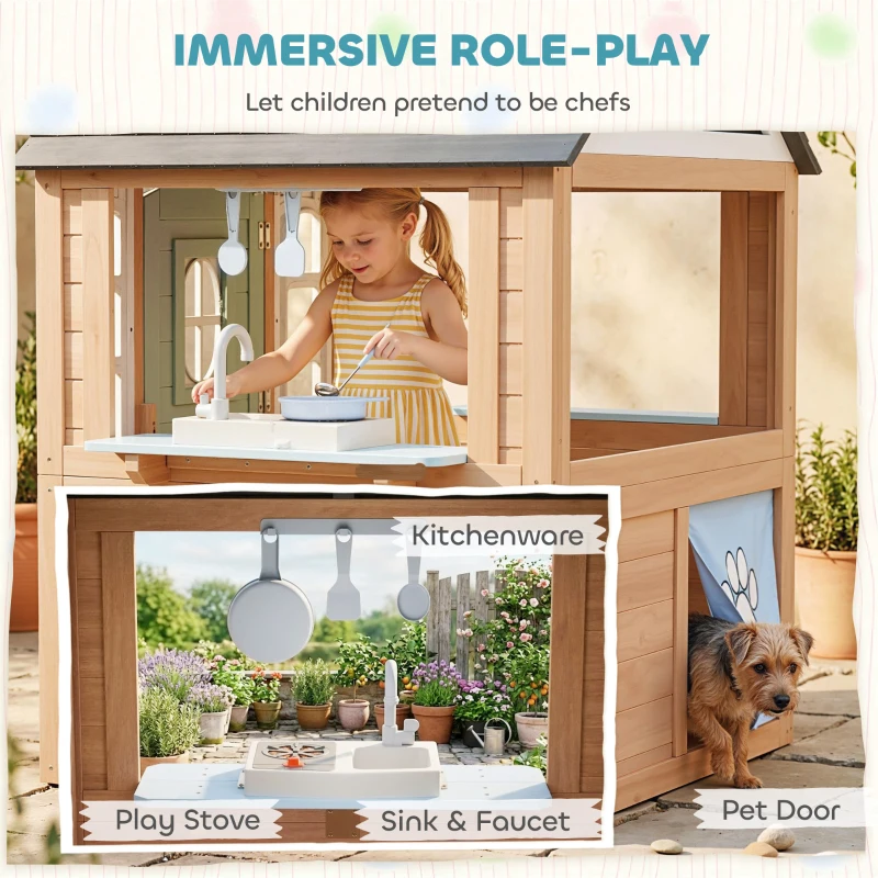 AIYAPLAY Wooden Playhouse for Kids, Wendy House with Pet Door, Play Kitchen, Half Door and Windows for Indoor Outdoor, Ages 2+