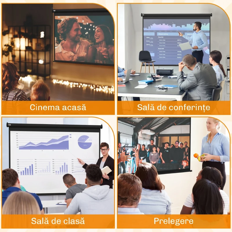 HOMCOM Ecran pentru Proiector 100" Format 4:3 Reglabil cu Telecomandă, 203x152cm, Negru