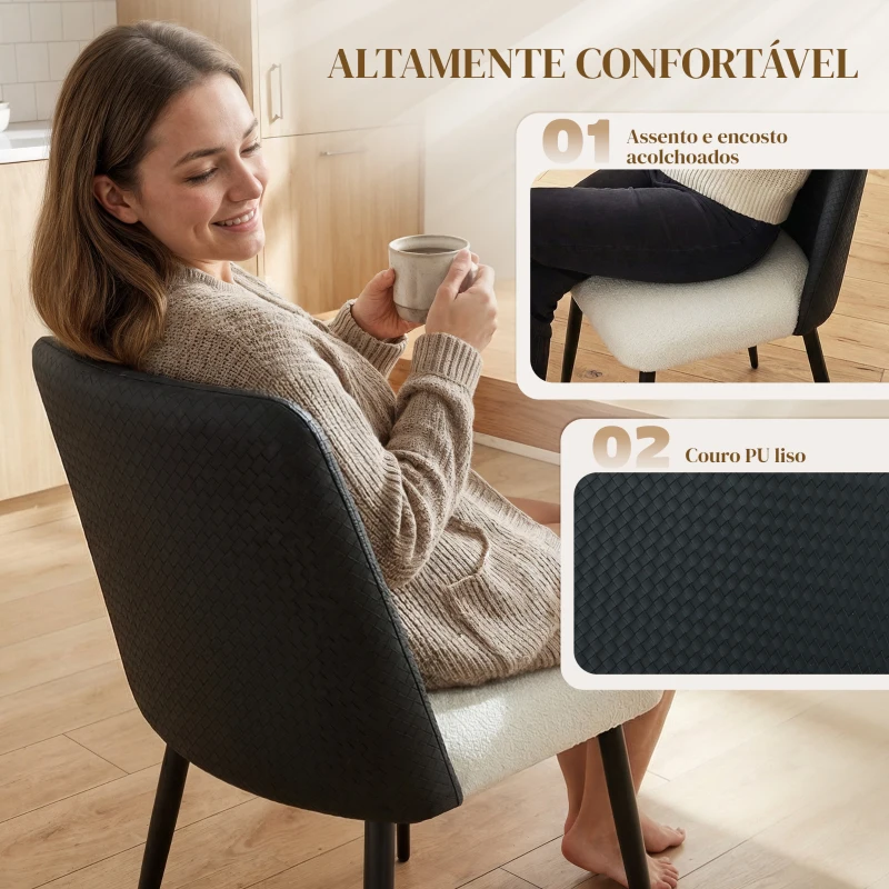 HOMCOM Conjunto de 2 Cadeiras de Cozinha com Encosto em PU Pernas de Aço e Assento Acolchoado 47,5x57x84 cm Preto e Bege