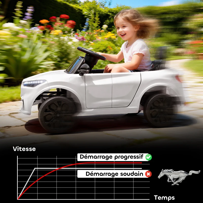 AIYAPLAY Voiture électrique enfant Ford Mustang Mach-E sous licence officielle 12 V télécommande 2,4 G 2 moteurs 92x55x44cm blanc