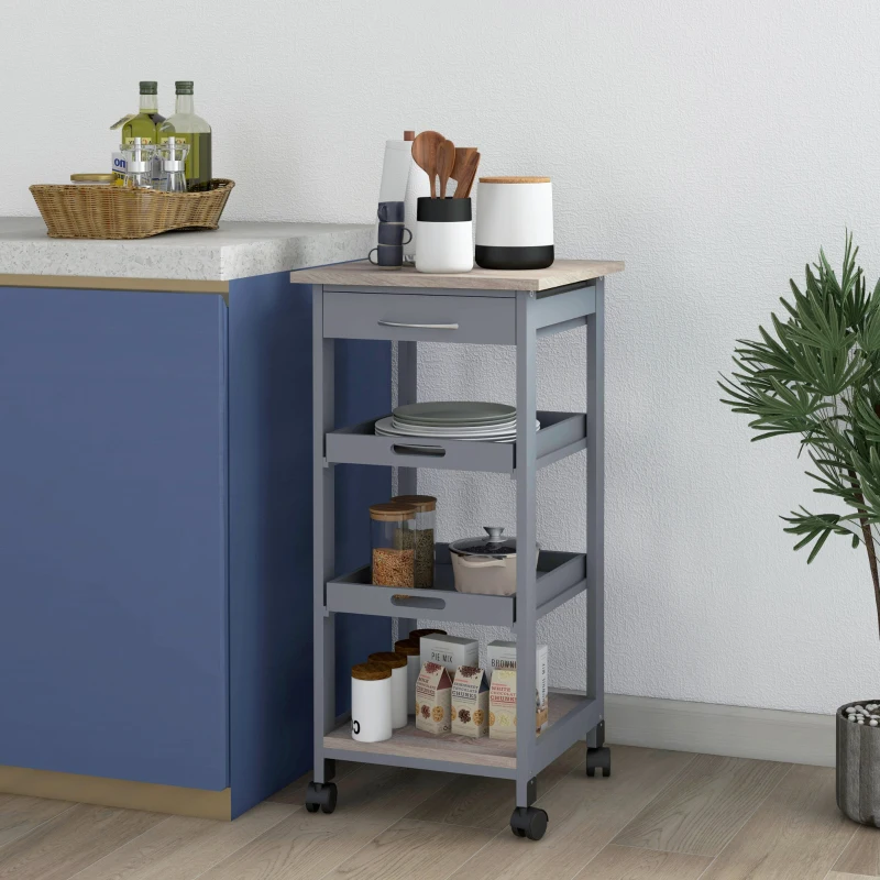 HOMCOM Chariot de service desserte de cuisine à roulettes 2 plateaux amovibles, tiroir, étagère chêne clair bois pin gris