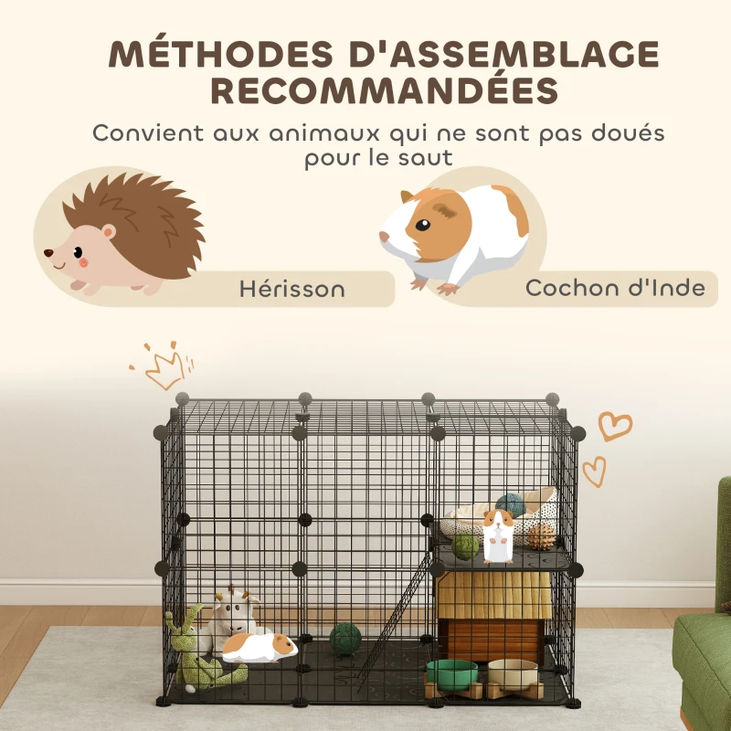 PawHut Enclos pour petits animaux, cage à lapin modulable 3 niveaux, 39 panneaux avec  rampes, en métal, 70 x 70 x 105 cm, noir