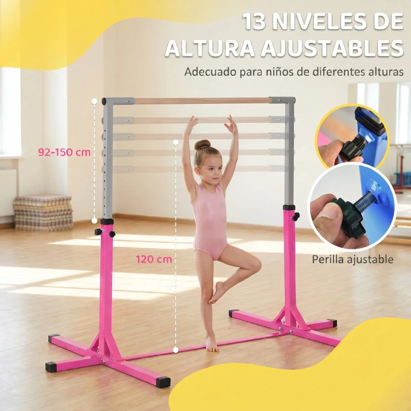 HOMCOM Barra de Gimnasia para Niños de +3 Años Barra de Entrenamiento Altura Ajustable 92-150 cm Carga 75 kg 194x121x150cm Rosa