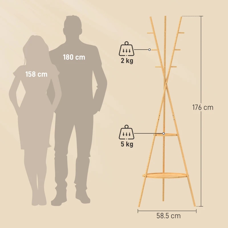 HOMCOM Albero Porta Abiti con 9 Ganci e 2 Ripiani, Naturale