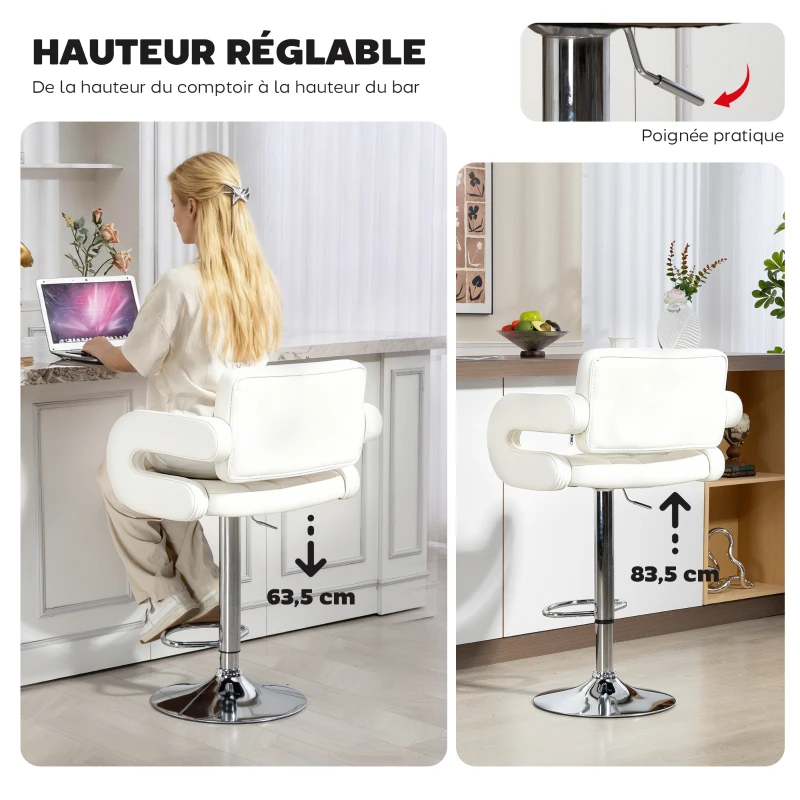 HOMCOM Tabouret de bar pivotant chaise de bar réglable en hauteur avec dossier repose-pieds et accoudoirs 61x50x93-113cm blanc