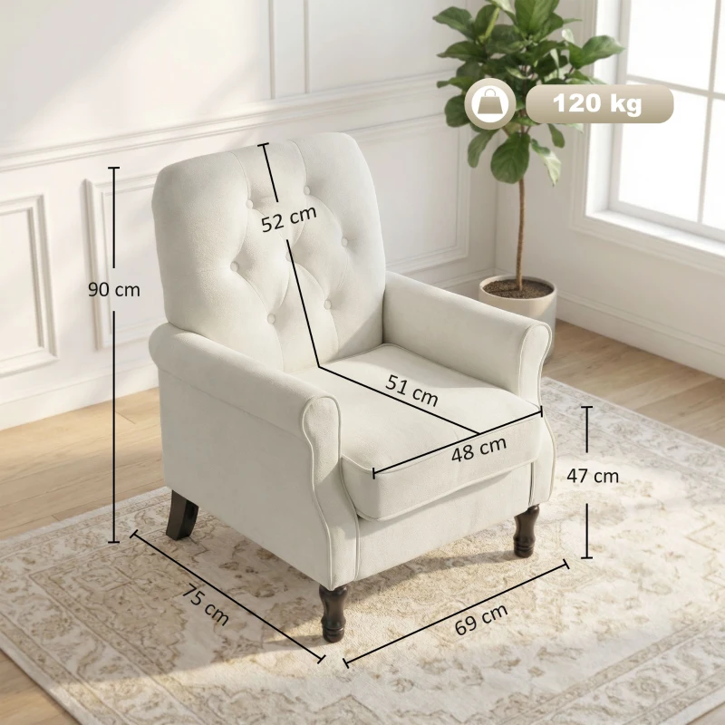 HOMCOM Fauteuil de salon, canapé 1 place avec assise rembourrée épaisse, coussin à ressorts, tissu en lin, 69x75x90cm, crème