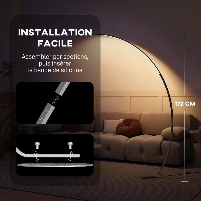 HOMCOM Lampadaire arc LED, lampadaire sur pied salon dimmable 30 W, télécommande magnétique, 120 x 27 x 172 cm, argent