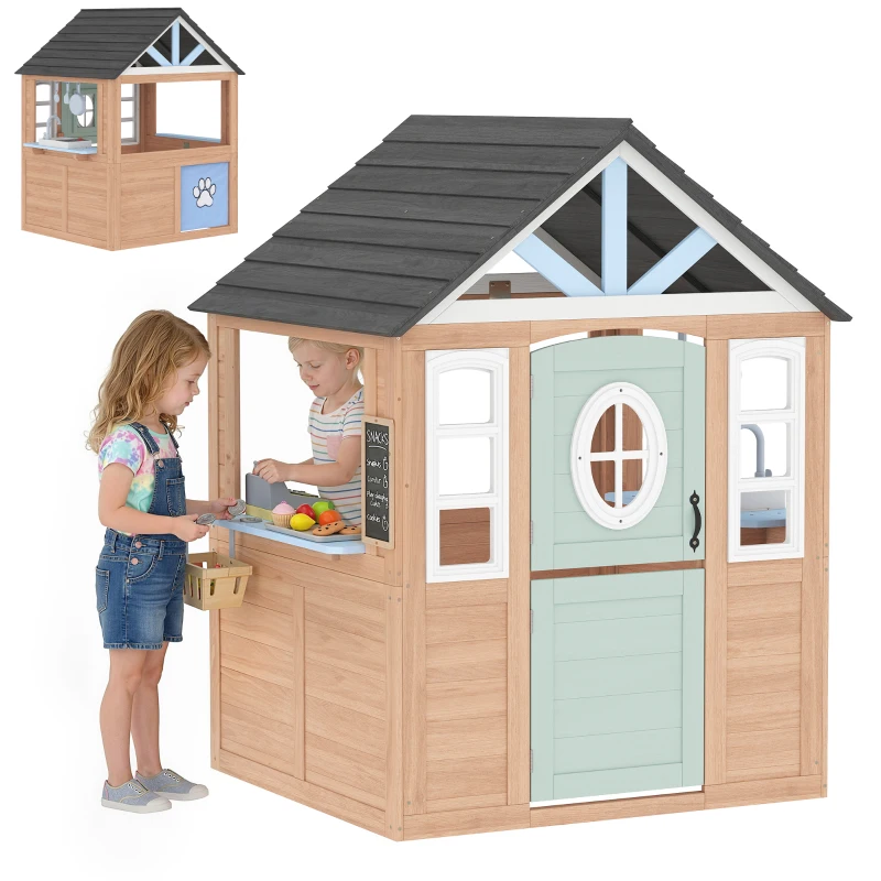 AIYAPLAY Wooden Playhouse for Kids, Wendy House with Pet Door, Play Kitchen, Half Door and Windows for Indoor Outdoor, Ages 2+