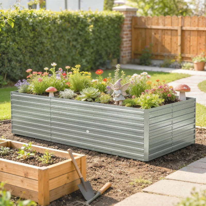 Outsunny Jardinière extérieure, jardinière surélevée galvanisée bordure de sécurité et fond ouvert 240 x 120 x 60 cm gris argenté