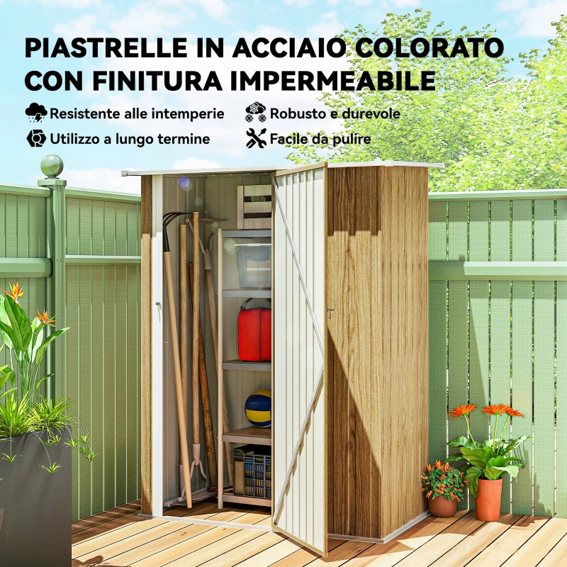 Outsunny Capanno Porta Attrezzi in Metallo con Tetto Inclinato e Porta Bloccabile, 142x86x189 cm, color Legno