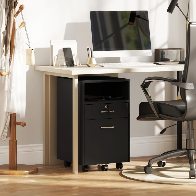 Vinsetto Cassettiera da Ufficio Portadocumenti in Legno con 2 Cassetti e Ripiano Aperto, 39x40x65 cm, Nero