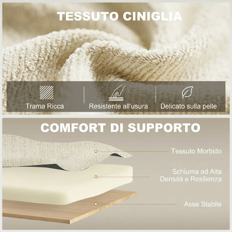 HOMCOM 3 in 1 Divano Letto 2 Posti con Schienale Regolabile in 3 Posizioni con 2 Cuscini, in Ciniglia, Beige