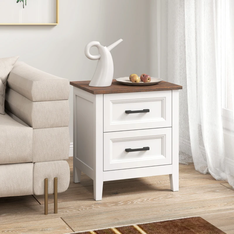 HOMCOM Table de chevet, table de nuit avec 2 tiroirs, plateau effet bois, style rustique, pour chambre à coucher, salon, blanc