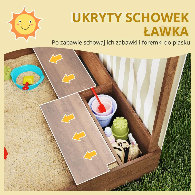 Drewniany piaskownica z daszkiem i siedziskiem, z siatką