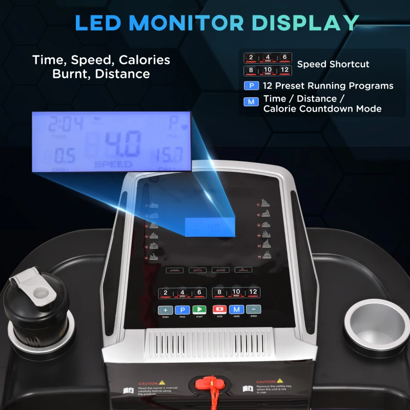 HOMCOM Folding Treadmill, Compact Running Machine with LED Display, Drink & Phone Holder for Home Workout