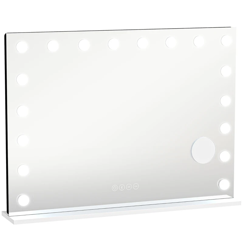 HOMCOM Miroir maquillage Hollywood 18 ampoules LED, 3 couleurs d'éclairage, lumière RGB, haut-parleur Bluetooth, blanc
