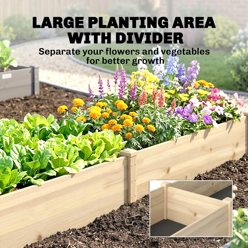 Outsunny Pat pentru Grădină Ridicat din Lemn de Brad cu Fund Deschis și 2 Secțiuni Separate, 244x61,5x27cm