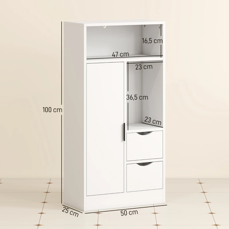 HOMCOM Meuble de salle de bain, meuble de rangement étroit avec 2 tiroirs, compartiments ouverts, 50x25x100cm, blanc