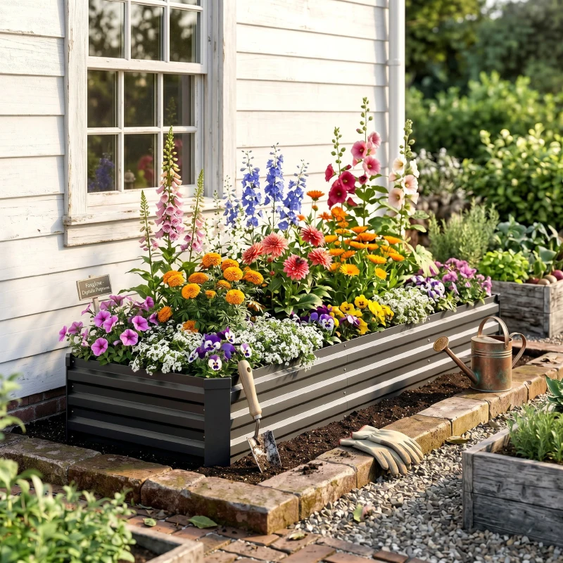 Outsunny Jardinera Exterior Grande Rectangular de Acero Galvanizado Huerto Urbano con Base Abierta 240x60x30 cm Gris Oscuro