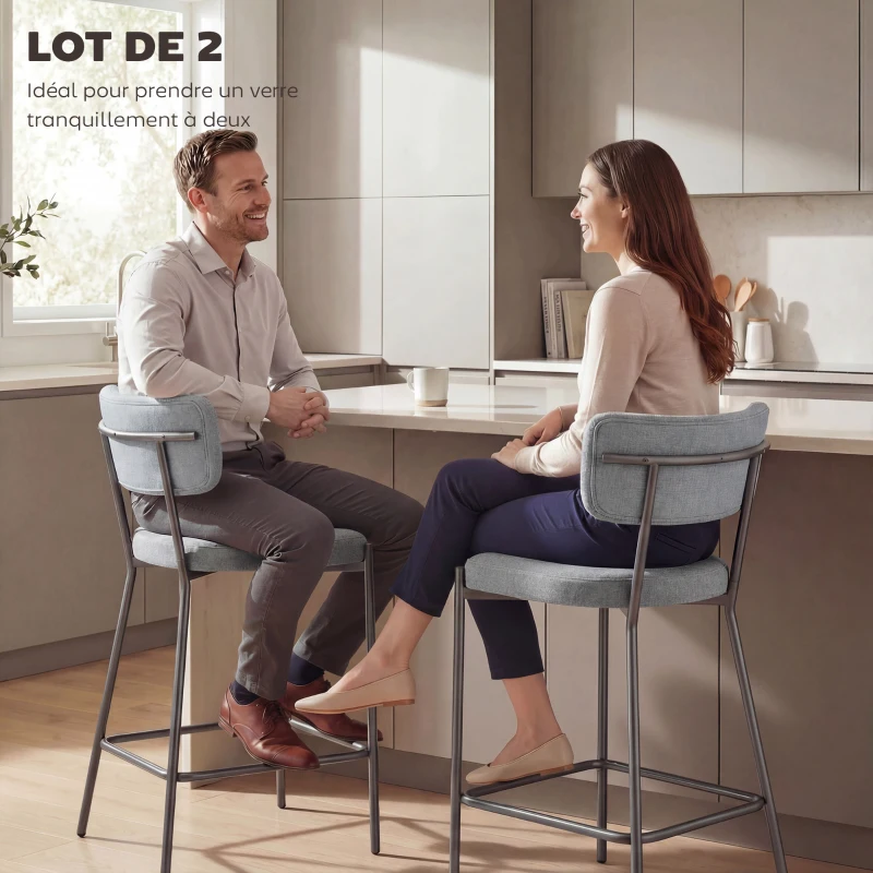HOMCOM Lot de 2 tabourets de bar, chaises de bar, assise rembourrée, dossier courbé et repose-pieds, 49 x 53 x 93 cm, gris