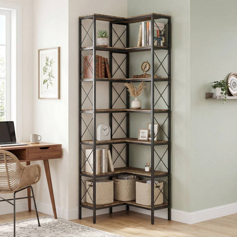 HOMCOM Estantería en L de 6 niveles, estantería esquinera independiente con marco metálico, marrón rústico