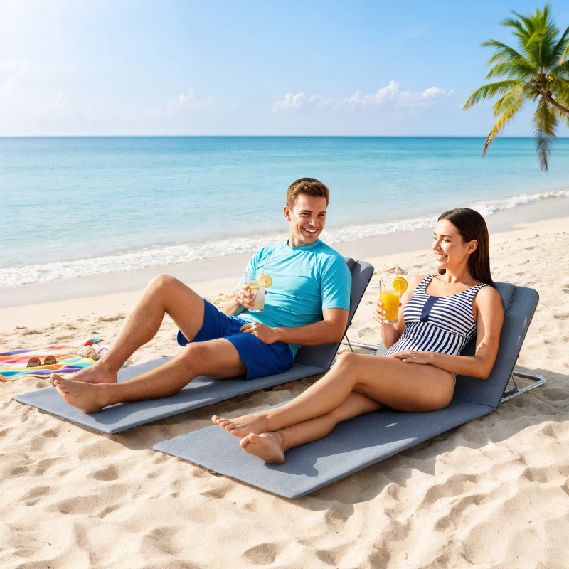 Outsunny Lot de 2 Tapis de Plage rembourré - lot de 2 Matelas de Plage - nattes de Plage - Dossier inclinable Multi-Positions - Sac Transport Inclus - métal Polyester PE Gris