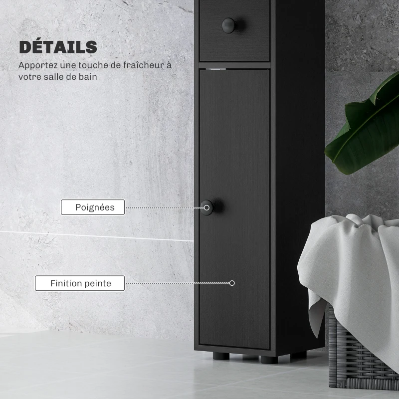 kleankin Colonne de rangement armoire haute pour salle de bain 1 tiroir 4 étagères réglables et 2 placards 20 x 20 x 180 cm noir