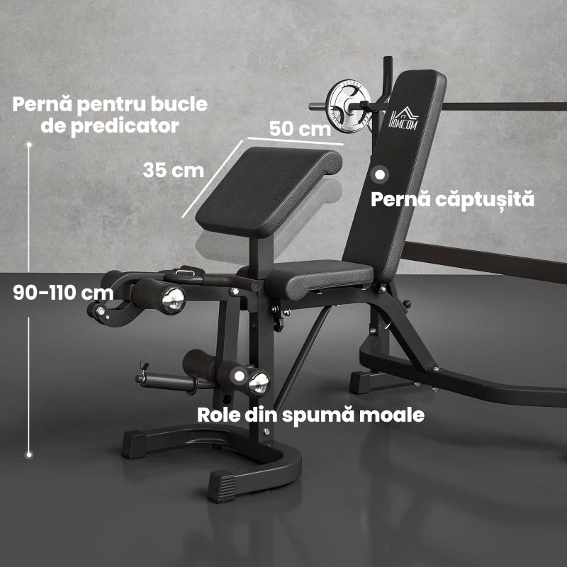 Soozier Bancă pentru Greutăți cu Suport pentru Genuflexiuni, Bancă Olimpică Reglabilă, Multifuncțională cu Pad Curl pentru Brațe, Extensii pentru Picioare, Gri