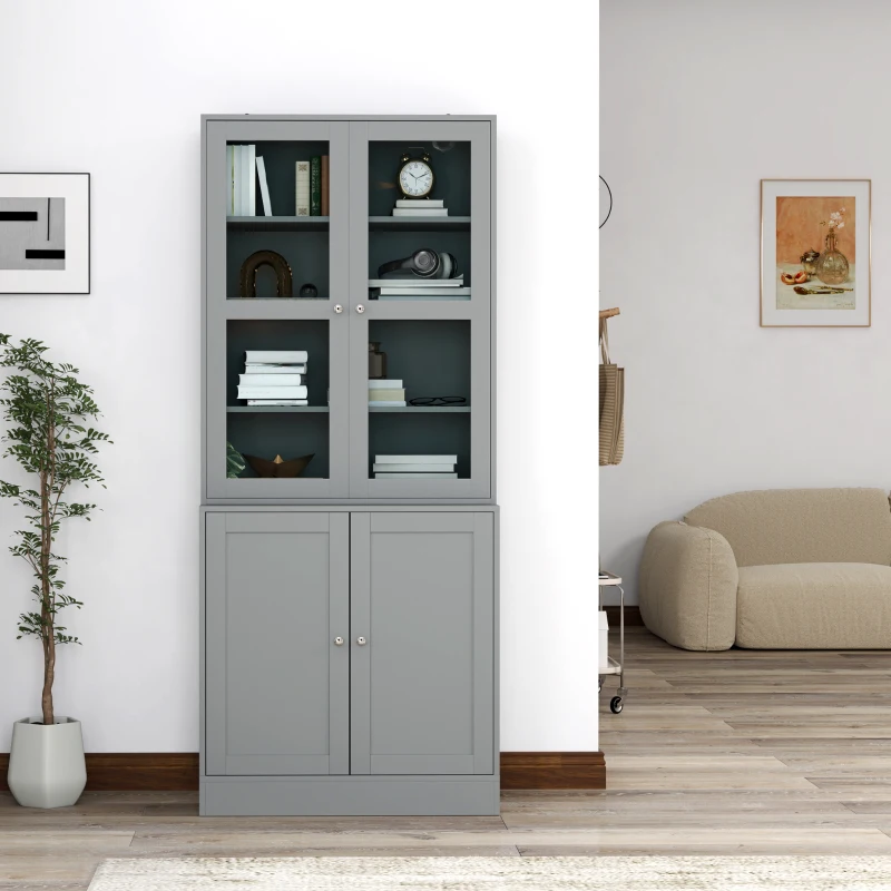 HOMCOM Bibliothèque vitrine, meuble de rangement à 6 niveaux avec 4 portes dont 2 en verre trempé, étagères réglables, gris