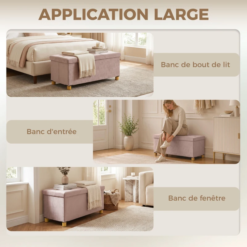 HOMCOM Banc de rangement bout de lit pliable volume 67 L capacité de charge 120 kg avec couvercle 76L x 38l x 38H cm rose